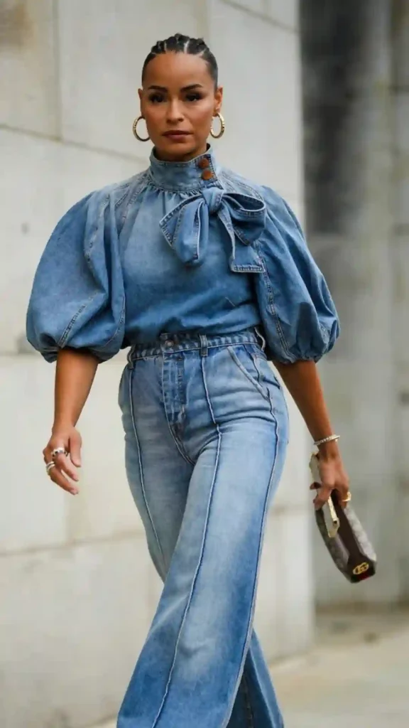 Outfit total look denim tendance hiver 2025 manche ballon pantalon taille haute large année 70